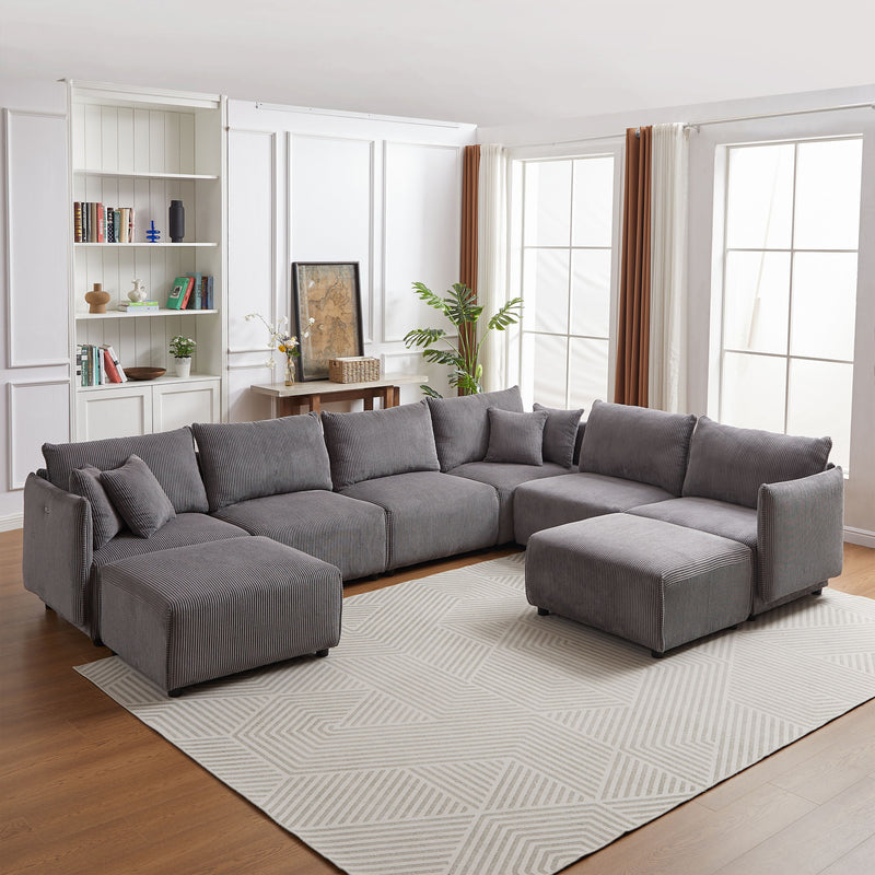 Multi-Module Combination Style Sofa For Living Room, Bedroom And Other Lounge Spaces, Modern Minimalist Corduroy Combination Sofa With 2 Comfort Cushions With USB & C Charging Ports, Two Sets