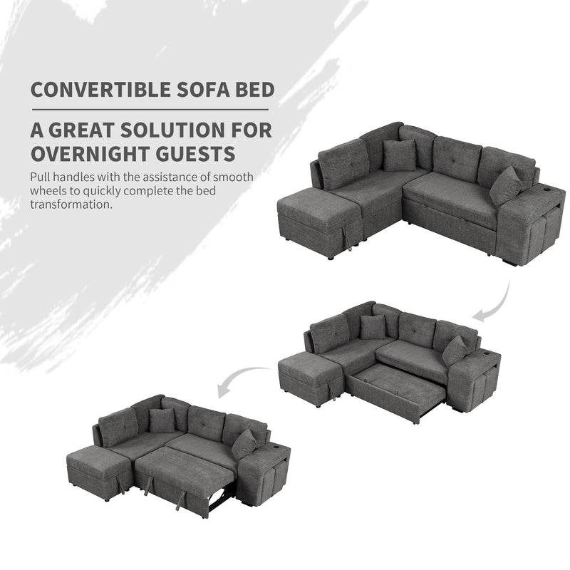 Convertible Sleeper, Sectional Pull Out Sofa Bed With Storage Ottoman, 2 Throw Pillows, 2 Stools, Wireless Charger And Two Hidden USB Ports For Living Room