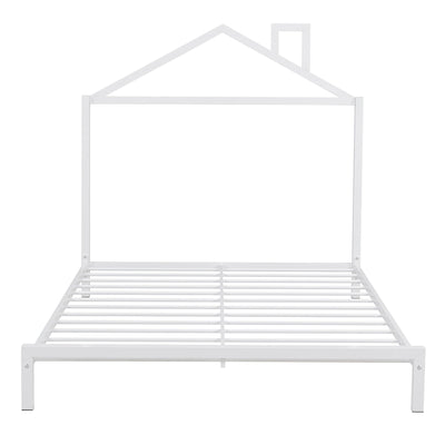 Full Size Metal Platform Bed With House-Shaped Headboard Design