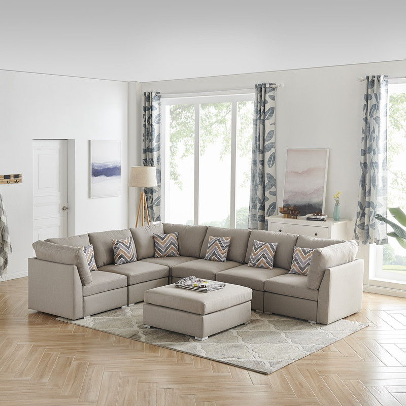 Amira - Fabric Reversible Modular Sectional Sofa With Ottoman And Pillows