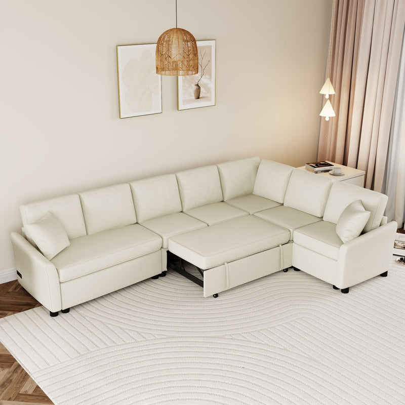 L-Shaped Sofa Convertible Sofa Bed Pull Out Sofa Sleeper With Two Back Pillows, Two USB Ports And Two Power Sockets For Living Room