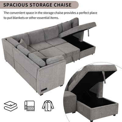 U-Shaped Sectional Sofa Pull Out Sofa Bed With Two USB Ports, Two Power Sockets, Three Back Pillows And A Storage Chaise For Living Room