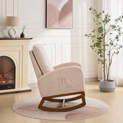 Rocking Chair For Nursery, Polyester Glider Chair With High Back And Side Pocket, Rocking Accent Armchair With Rubber Wood Legs For Living Room / Bedroom