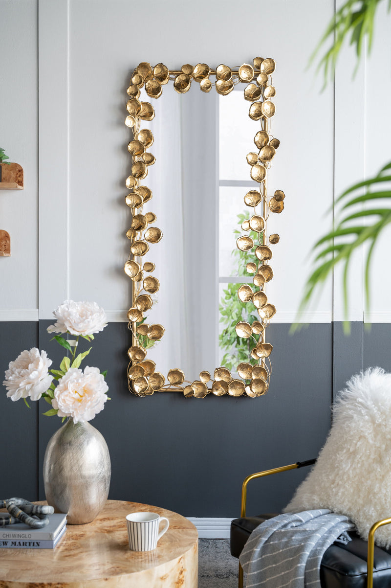 Full Length Mirror With Leaf Accents, Floor Miiror For Living Room Bedroom - Golden