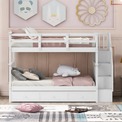 Stairway Twin Over Twin Bunk Bed With Three Drawers For Bedroom, Dorm