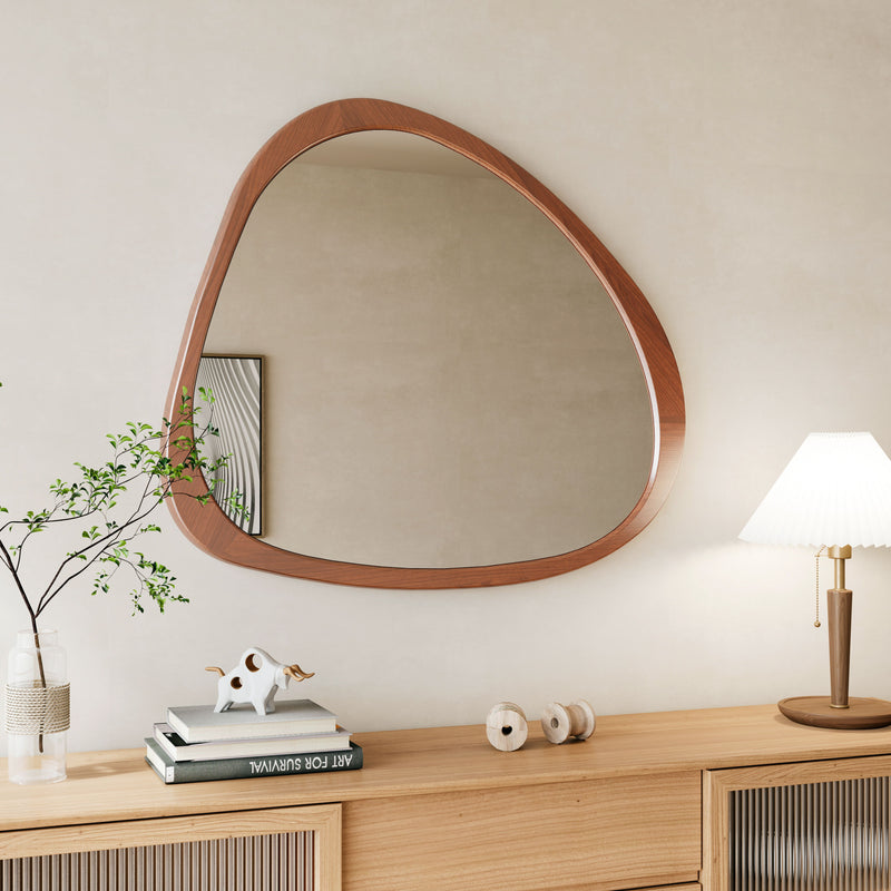 Asymmetrical Wall Mirror Wooden Framed Mirror Large Sized Dressing Mirror, For Living Room, Bedroom, Bathroom, Hallway Or Entry Way - Natural Wood