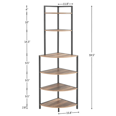 6 Tier Corner Open Shelf Modern Bookcase Wood Rack Freestanding Shelving Unit, Plant Album Trinket Sturdy Stand Small Bookshelf Space-Saving For Living Room Home Office Kitchen Small Space - Rustic Brown