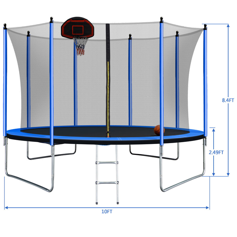 10Ft Trampoline With Basketball Hoop Inflator And Ladder (Inner Safety Enclosure) - Blue