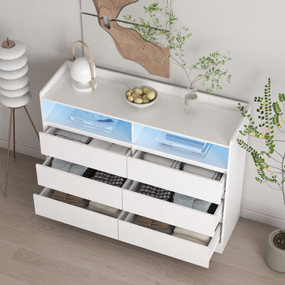 6 Drawer Dresser For Bedroom With LED Lights, Sturdy Frame - White