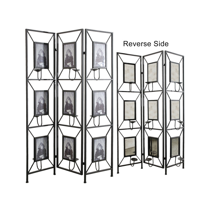 Room Photo Frames Screen Divider Screens, 3 Panel Decorative Screen With Photo Frames, Antique Mirror, Candle Stick - Black