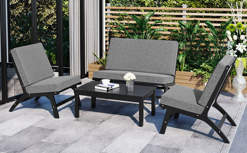 4 Piece V-Shaped Seats Set, Acacia Solid Wood Outdoor Sofa, Garden Furniture, Outdoor Seating - Black / Gray