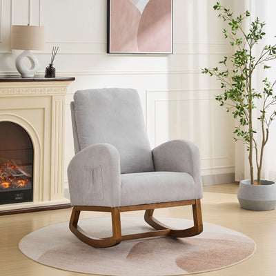 Rocking Chair For Nursery, Polyester Glider Chair With High Back And Side Pocket, Rocking Accent Armchair With Rubber Wood Legs For Living Room / Bedroom