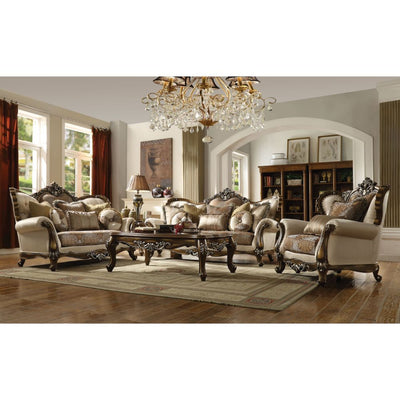 Latisha - Loveseat - Tan, Pattern Fabric & Antique Oak - Grand Furniture GA