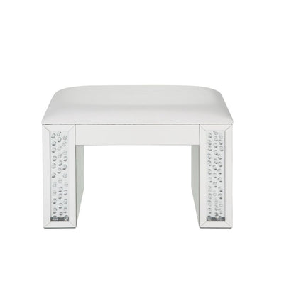Nysa - Vanity Stool - Ivory PU, Mirrored & Faux Crystals.
