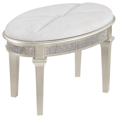Evangeline - Oval Vanity Stool With Faux Diamond Trim - Silver and Ivory.