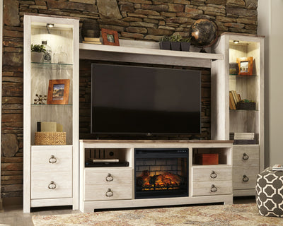 Willowton - Whitewash - Entertainment Center - TV Stand With Faux Firebrick Fireplace Insert.