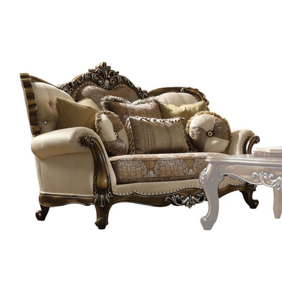 Latisha - Loveseat - Tan, Pattern Fabric & Antique Oak - Grand Furniture GA