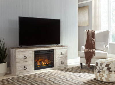 Willowton - Whitewash - 2 Pc. - TV Stand With Faux Firebrick Fireplace Insert.
