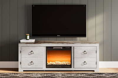 Willowton - Whitewash - 72" TV Stand With Fireplace Insert Glass/Stone.