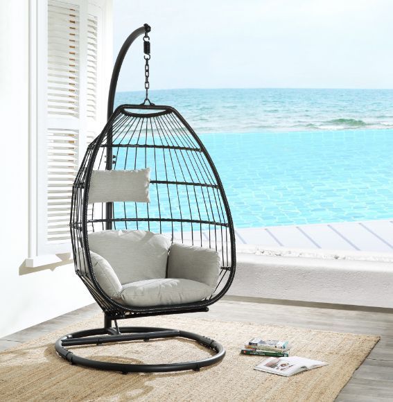 Oldi - Patio Swing Chair - Beige Fabric & Black Wicker - Grand Furniture GA