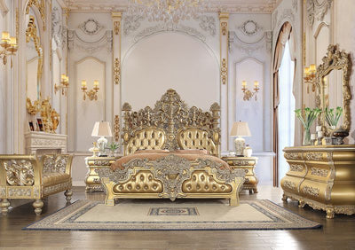 Seville - Eastern King Bed - Tan PU & Gold Finish - Grand Furniture GA