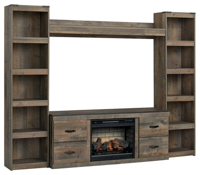 Trinell - Brown - 4-Piece Entertainment Center With 60" TV Stand And Faux Firebrick Fireplace Insert.