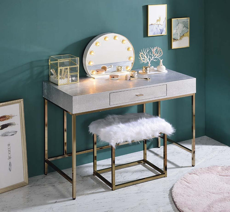 Piety - Vanity Desk - Silver PU & Champagne Finish - Grand Furniture GA