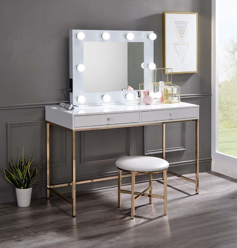 Ottey - Vanity Desk - White High Gloss & Gold Finish - Grand Furniture GA