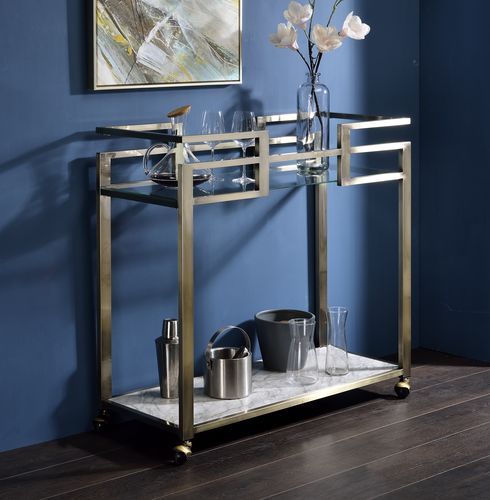 Neilo - Kitchen Cart - Clear Glass, Faux Marble & Wire Brass Finish - Grand Furniture GA