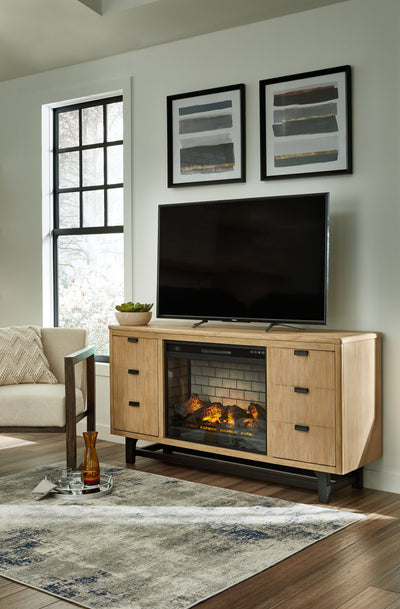 Freslowe - Light Brown / Black - TV Stand With Electric Infrared Fireplace Insert.