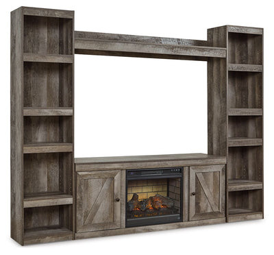 Wynnlow - Gray - 4-Piece Entertainment Center With 60" TV Stand And Faux Firebrick Fireplace Insert.
