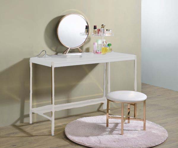 Midriaks - Vanity Mirror & Stool - PU, White & Gold Finish - Grand Furniture GA