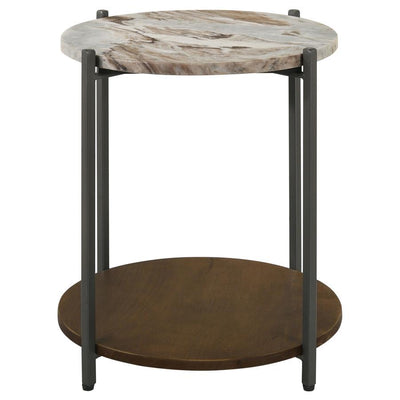 Noemie - Round Marble Top Accent Side Table - White And Gunmetal