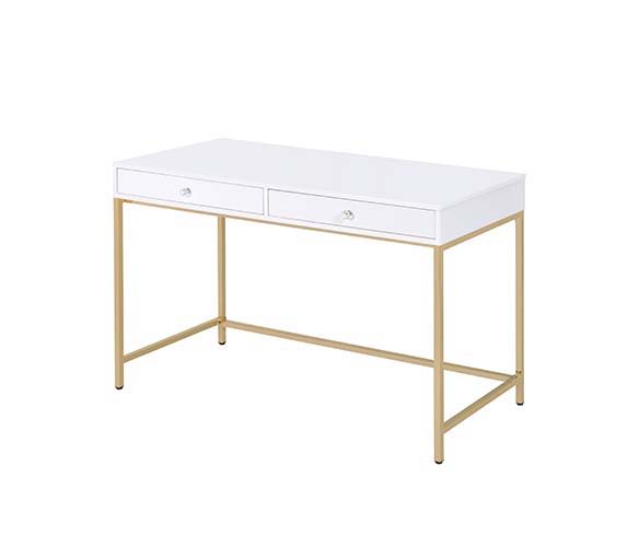 Ottey - Vanity Desk - White High Gloss & Gold Finish - Grand Furniture GA