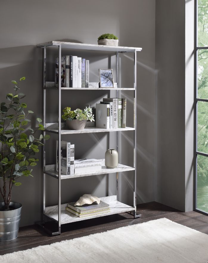 Visage - Bookshelf - White Printed Faux Marble & Chrome - Grand Furniture GA