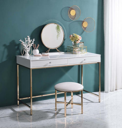 Ottey - Vanity Desk - White High Gloss & Gold Finish - Grand Furniture GA