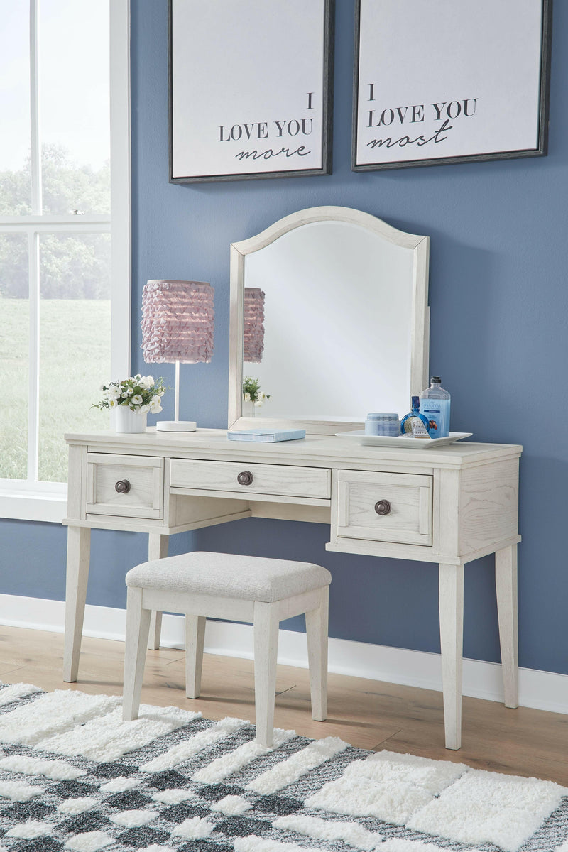 Robbinsdale - Antique White - Mirrored Vanity With Stool.