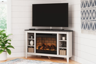 Dorrinson - White / Black / Gray - Corner TV Stand With Faux Firebrick Fireplace Insert.