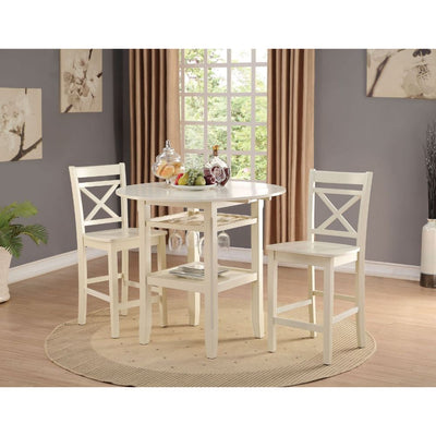 The Tartys collection creates functional and versatility perfect for any small dining space. This casual set features round leg table with 2 drop leaves, wine glass rack and bottom shelf.