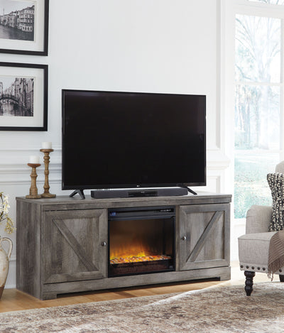 Wynnlow - Gray - 63" TV Stand With Glass/Stone Fireplace Insert.