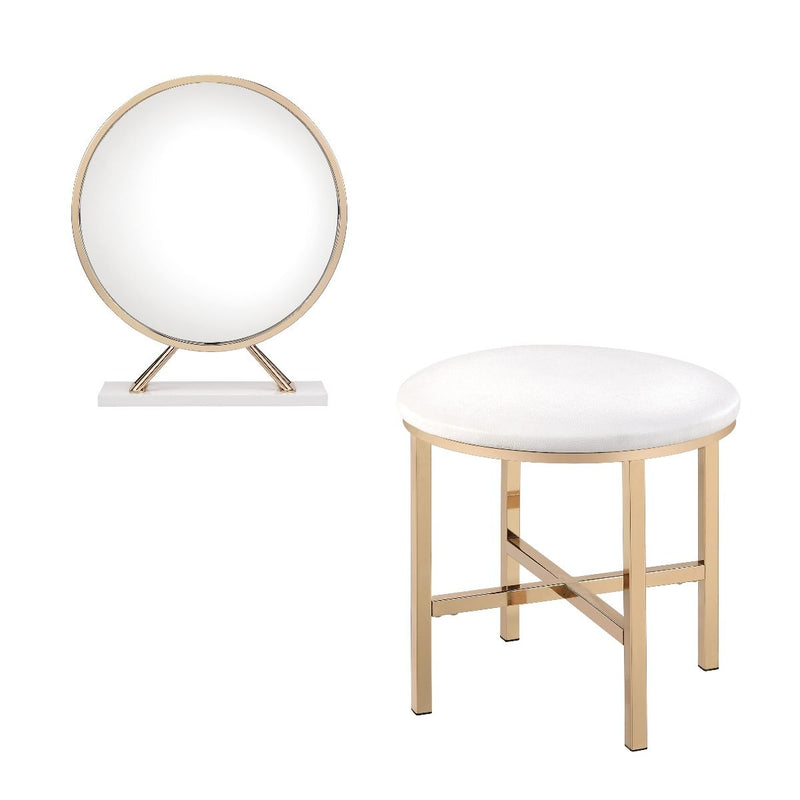 Midriaks - Vanity Mirror & Stool - PU, White & Gold Finish - Grand Furniture GA