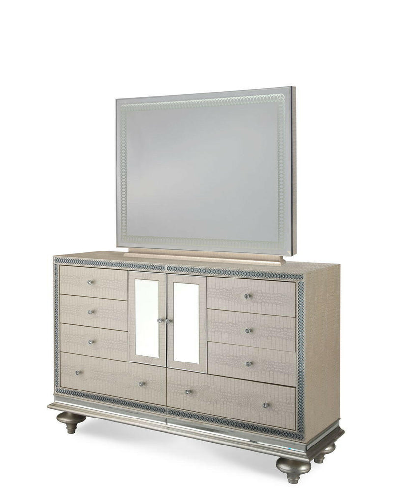 Hollywood Swank - Upholstered Dresser with Mirror - Crystal Croc.