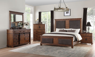 Vibia - Queen Bed - Brown Fabric & Cherry Oak - Grand Furniture GA