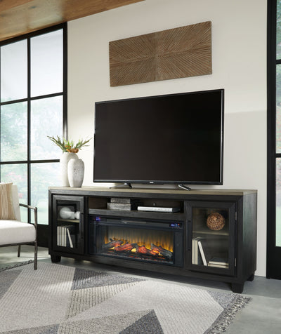 Foyland - Black / Brown - 83" TV Stand With Electric Infrared Fireplace Insert.