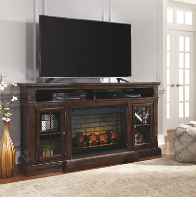 Roddinton - Dark Brown - 2 Pc. - 74" TV Stand With Electric Infrared Fireplace Insert.