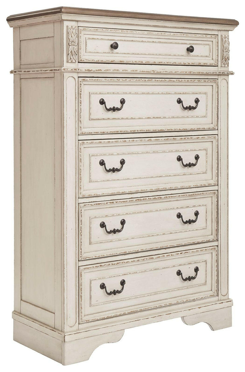 Realyn - White / Brown / Beige - Five Drawer Chest.