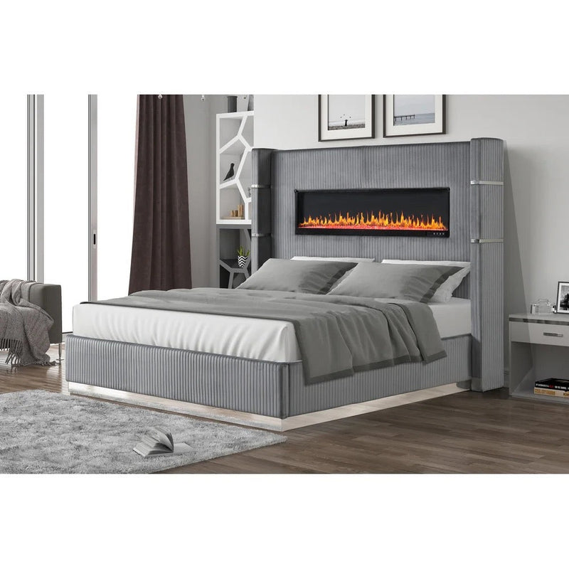 Modern Upholstered Bed with Fireplace | Velvet Luxury Bedframe - Grand Furniture GA
