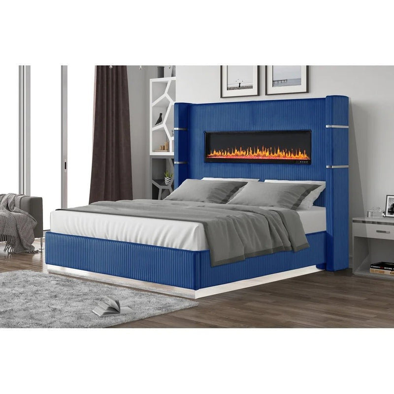 Modern Upholstered Bed with Fireplace | Velvet Luxury Bedframe - Grand Furniture GA