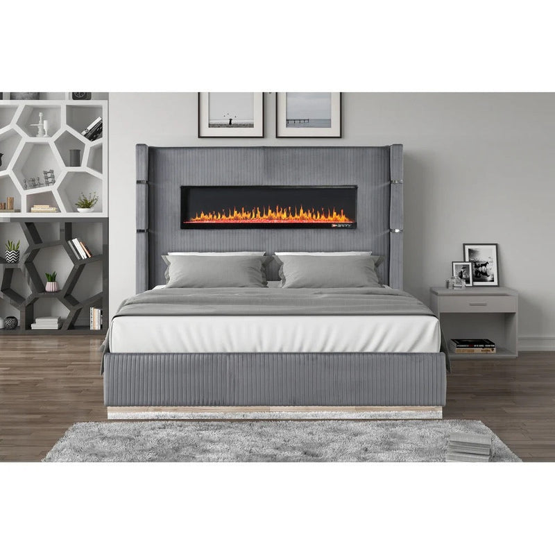 Modern Upholstered Bed with Fireplace | Velvet Luxury Bedframe - Grand Furniture GA