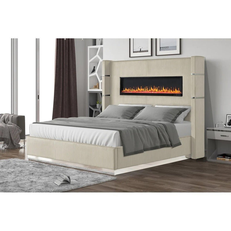 Modern Upholstered Bed with Fireplace | Velvet Luxury Bedframe - Grand Furniture GA